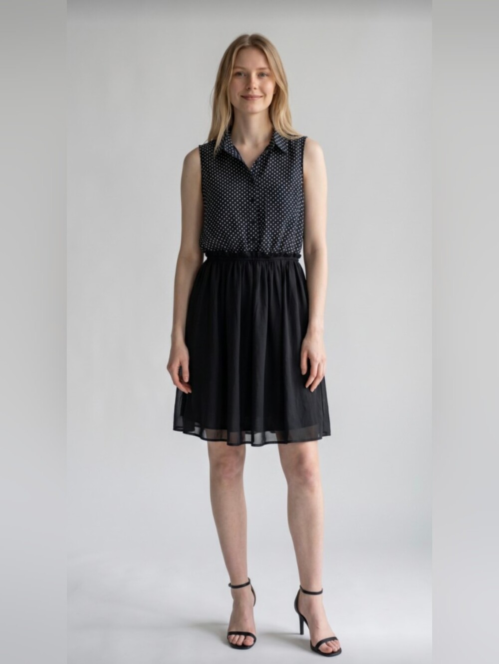 EN FOCUS! LUXE BLACK & WHITE POLKA DOT CHIFFON BUTTON FRONT DRESS! SIZE 12